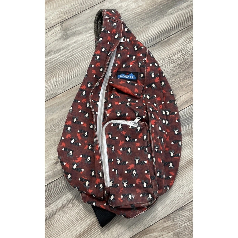KAVU Rope Sling Bag Racoon Print‎ Burgundy Maroon Adjustable Strap Unisex